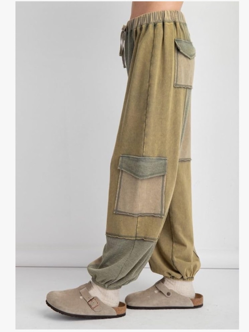 Easel Ayla Color Block Patchwork Terry Knit Cargo Jogger Pants size small olive - Picture 4 of 5